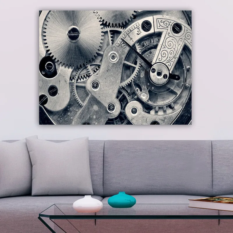 Lærred 70x100 cm - Detaljeret nærbillede af urværkets gear og mekanik - Sølv / Grå - Boligtilbehør - Billeder & kunst - Billeder på lærred