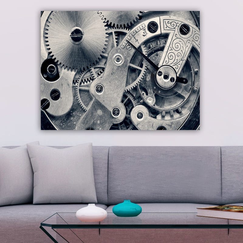 Lærred 70x100 cm - Detaljeret nærbillede af urværkets gear og mekanik - Sølv / Grå - Boligtilbehør - Billeder & kunst - Billeder på lærred