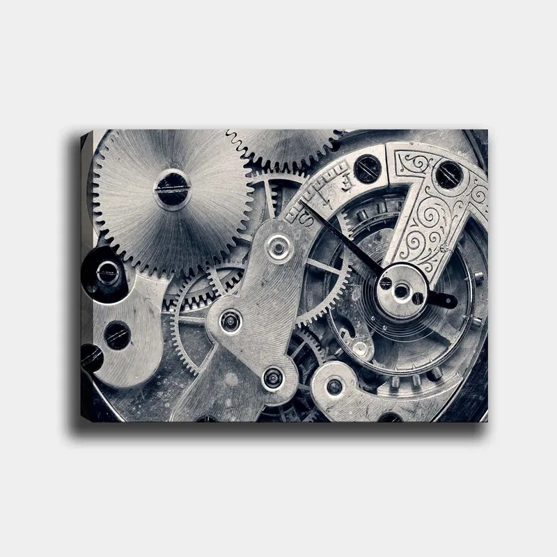 Lærred 70x100 cm - Detaljeret nærbillede af urværkets gear og mekanik, Sølv / Grå