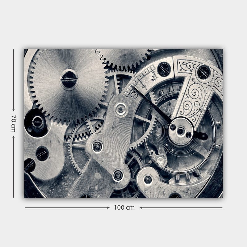 Lærred 70x100 cm - Detaljeret nærbillede af urværkets gear og mekanik - Sølv / Grå - Boligtilbehør - Billeder & kunst - Billeder på lærred