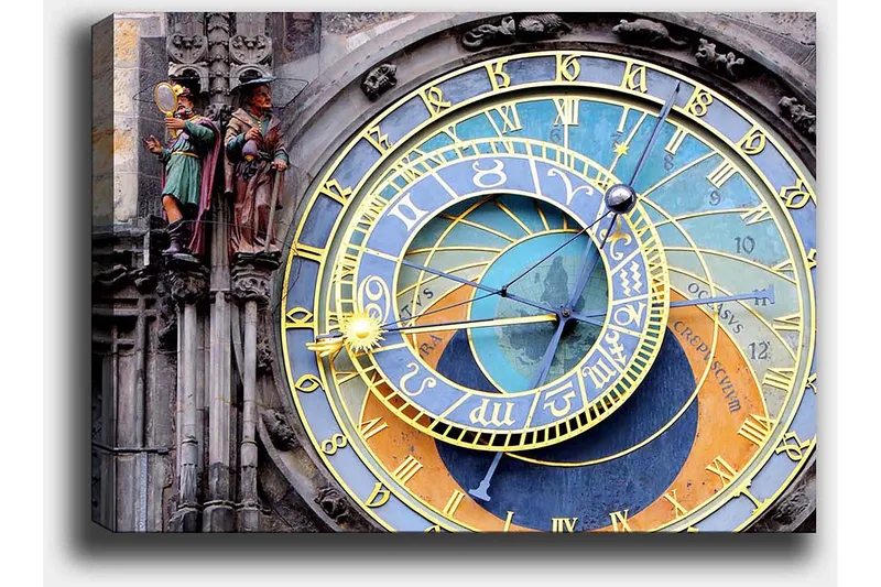 Lærred 70x100 cm - Detaljeret og farverigt astronomisk ur med gyldne og blå detaljer - Guld / Blå / Orange - Boligtilbehør - Billeder & kunst - Billeder på lærred