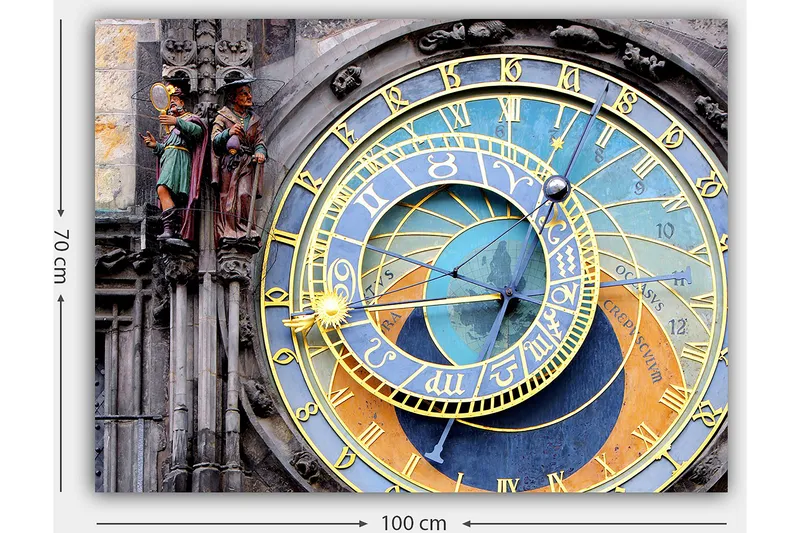 Lærred 70x100 cm - Detaljeret og farverigt astronomisk ur med gyldne og blå detaljer - Guld / Blå / Orange - Boligtilbehør - Billeder & kunst - Billeder på lærred