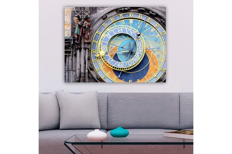 Lærred 70x100 cm - Detaljeret og farverigt astronomisk ur med gyldne og blå detaljer, Guld / Blå / Orange