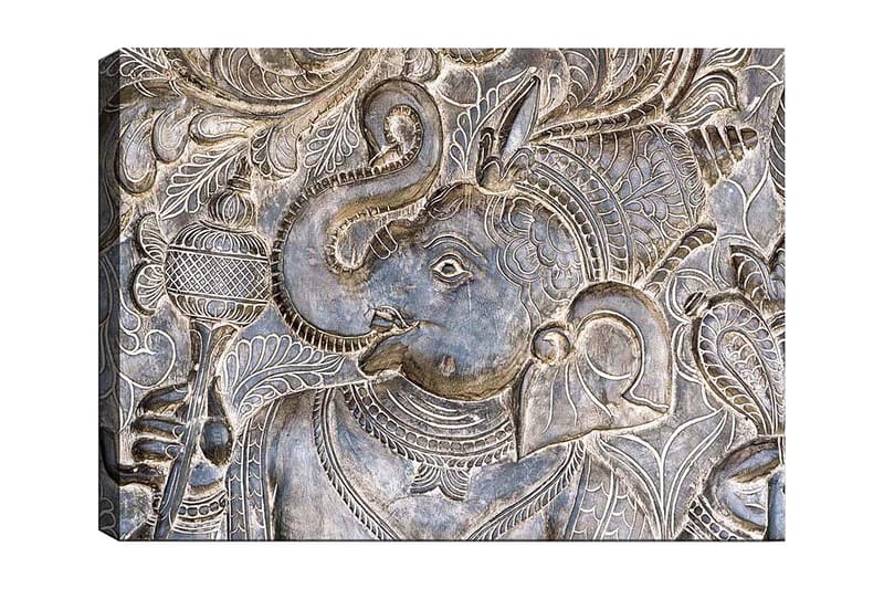 Lærred 70x100 cm - Detaljeret relief af elefanten Ganesha, der holder en skål, omgivet af indviklede mønstre, Sølv / Grå