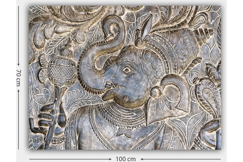 Lærred 70x100 cm - Detaljeret relief af elefanten Ganesha, der holder en skål, omgivet af indviklede mønstre - Sølv / Grå - Boligtilbehør - Billeder & kunst - Billeder på lærred