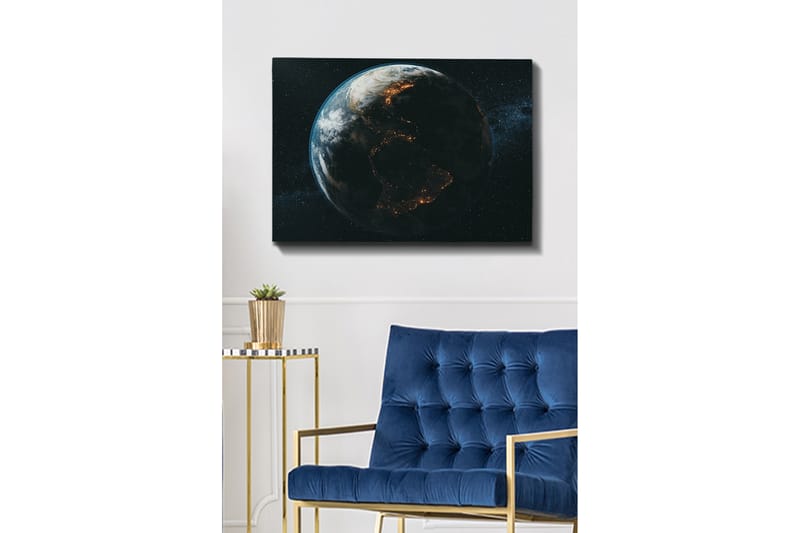 Lærred 70x100 cm - Detaljeret skildring af Jorden set fra rummet, med fokus på kontinenternes former og lyset fra byerne - Mørkeblå / Grøn / Hvid - Boligtilbehør - Billeder & kunst - Billeder på lærred