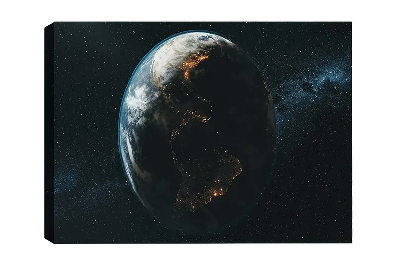 Lærred 70x100 cm - Detaljeret skildring af Jorden set fra rummet, med fokus på kontinenternes former og lyset fra byerne, Mørkeblå / Grøn / Hvid