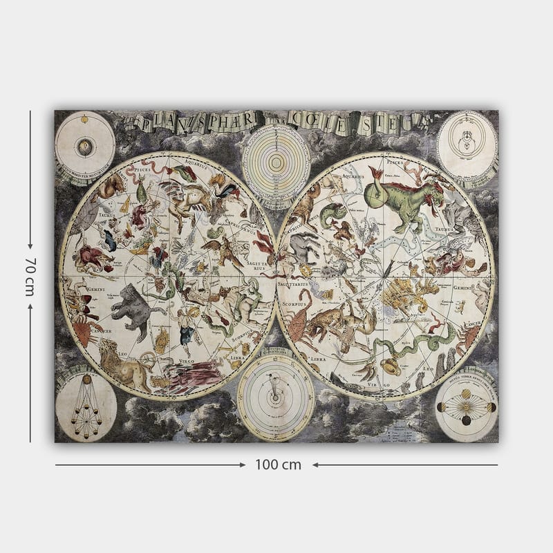 Lærred 70x100 cm - Detaljeret stjernekort med forskellige mytologiske dyr og figurer, der repræsenterer stjernebilleder - Grøn / Rød / Beige - Boligtilbehør - Billeder & kunst - Billeder på lærred