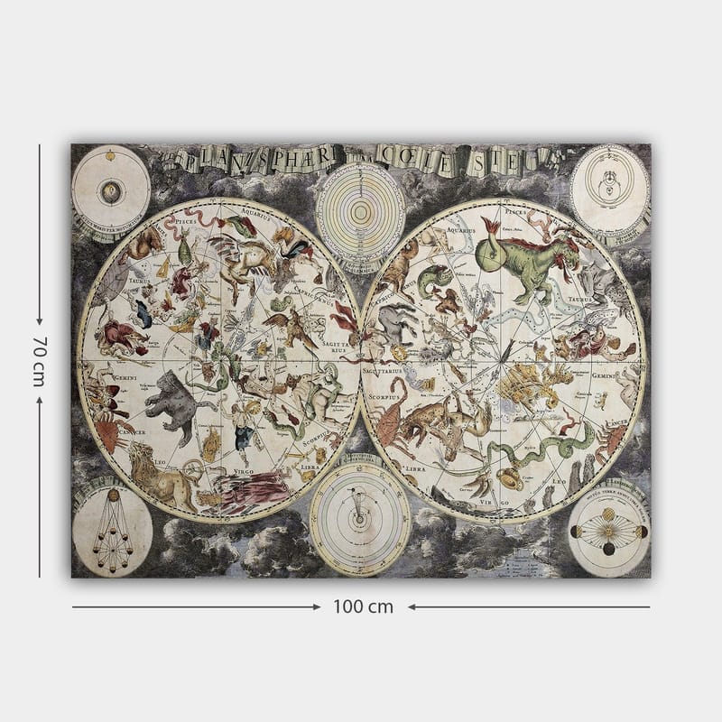 Lærred 70x100 cm - Detaljeret stjernekort med forskellige mytologiske dyr og figurer, der repræsenterer stjernebilleder - Grøn / Rød / Beige - Boligtilbehør - Billeder & kunst - Billeder på lærred