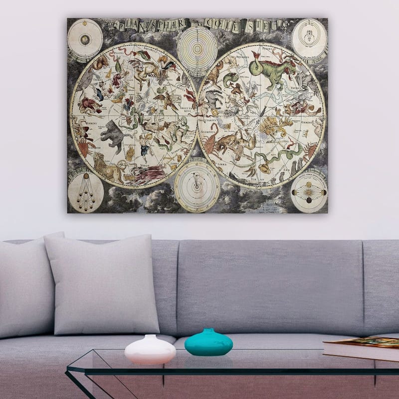 Lærred 70x100 cm - Detaljeret stjernekort med forskellige mytologiske dyr og figurer, der repræsenterer stjernebilleder - Grøn / Rød / Beige - Boligtilbehør - Billeder & kunst - Billeder på lærred