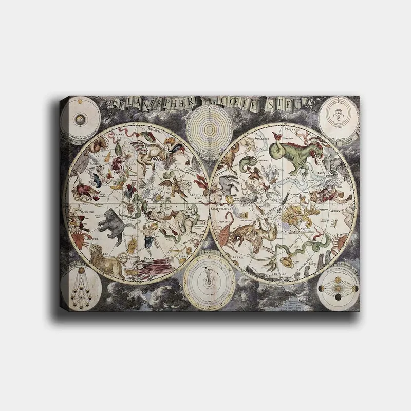 Lærred 70x100 cm - Detaljeret stjernekort med forskellige mytologiske dyr og figurer, der repræsenterer stjernebilleder, Grøn / Rød / Beige