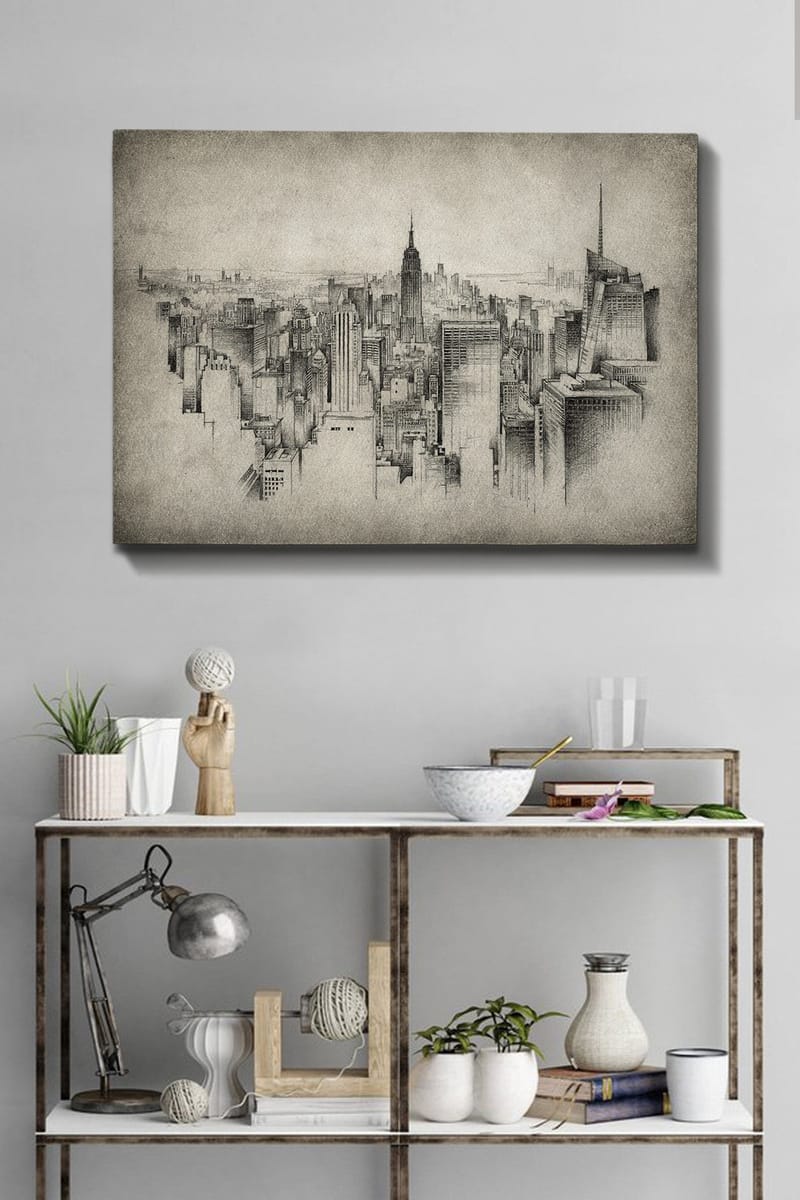 Lærred 70x100 cm - Detaljeret visning af en byskyline med fokus på ikoniske skyskrabere - Grå / Sort - Boligtilbehør - Billeder & kunst - Billeder på lærred