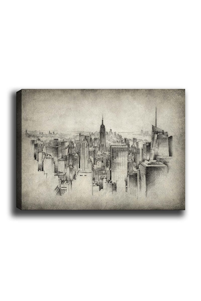 Lærred 70x100 cm - Detaljeret visning af en byskyline med fokus på ikoniske skyskrabere, Grå / Sort