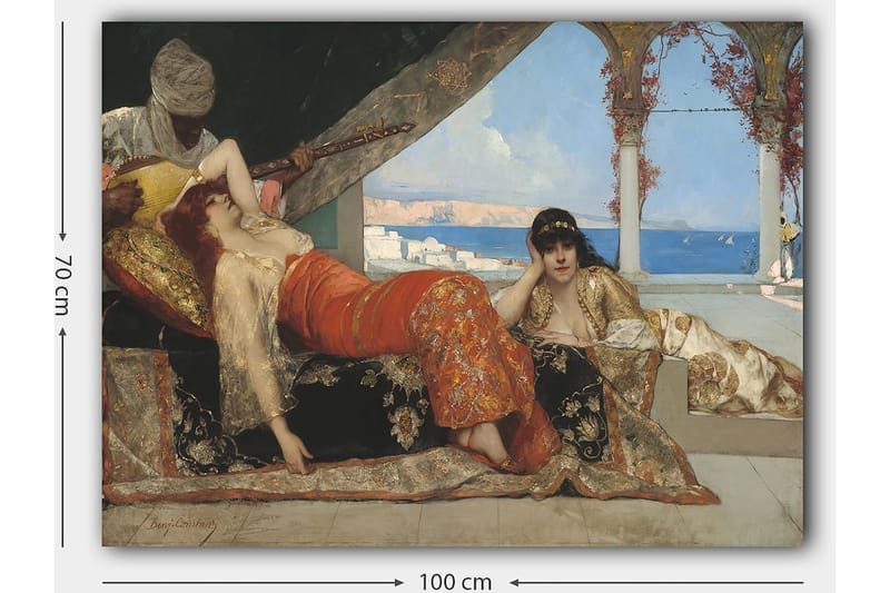 Lærred 70x100 cm - Drømmeagtig scene med to kvinder i orientalsk tøj, der hviler i luksuriøse omgivelser, mens en mand spiller et strengeinstrument - Rød / Sort / Beige - Boligtilbehør - Billeder & kunst - Billeder på lærred