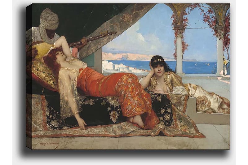 Lærred 70x100 cm - Drømmeagtig scene med to kvinder i orientalsk tøj, der hviler i luksuriøse omgivelser, mens en mand spiller et strengeinstrument - Rød / Sort / Beige - Boligtilbehør - Billeder & kunst - Billeder på lærred