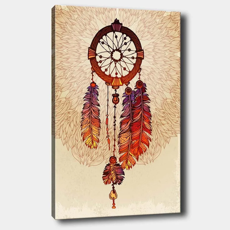 Lærred 70x100 cm - Drømmefanger med farverige fjer hængende nedad - Orange / Lilla / Brun - Boligtilbehør - Billeder & kunst - Billeder på lærred