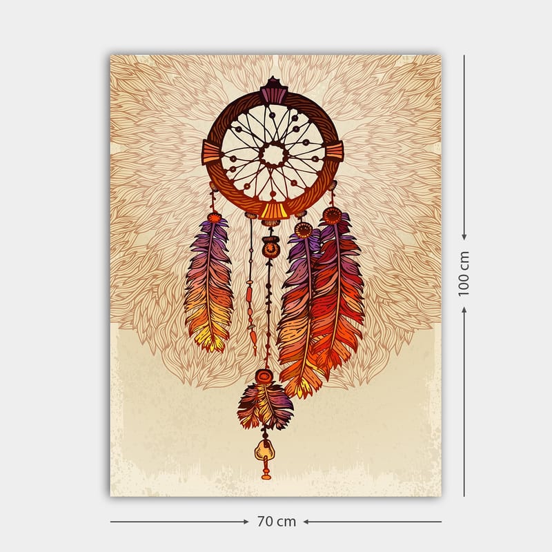 Lærred 70x100 cm - Drømmefanger med farverige fjer hængende nedad - Orange / Lilla / Brun - Boligtilbehør - Billeder & kunst - Billeder på lærred