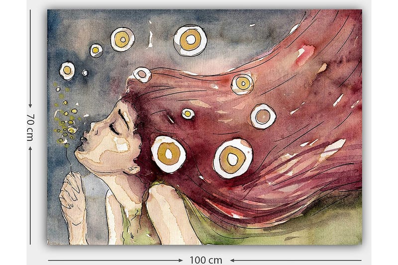 Lærred 70x100 cm - Drømmende kvinde med langt, rødligt hår, der blæser i vinden, omgivet af hvide og gule cirkler - Rød / Hvid / Gul - Boligtilbehør - Billeder & kunst - Billeder på lærred