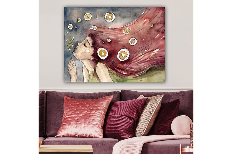 Lærred 70x100 cm - Drømmende kvinde med langt, rødligt hår, der blæser i vinden, omgivet af hvide og gule cirkler - Rød / Hvid / Gul - Boligtilbehør - Billeder & kunst - Billeder på lærred