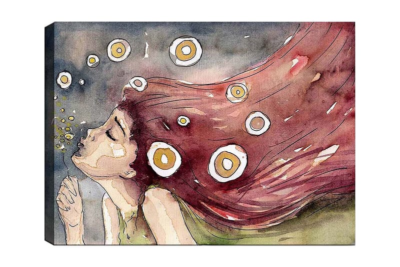 Lærred 70x100 cm - Drømmende kvinde med langt, rødligt hår, der blæser i vinden, omgivet af hvide og gule cirkler, Rød / Hvid / Gul