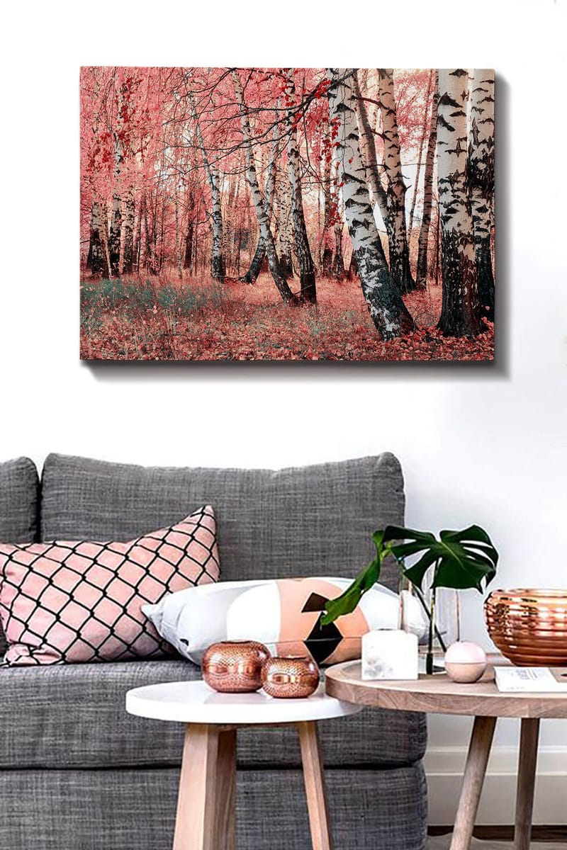 Lærred 70x100 cm - Drømmende skov med birketræer omgivet af lyserøde og røde blade - Lyserød / Hvid / Sort - Boligtilbehør - Billeder & kunst - Billeder på lærred