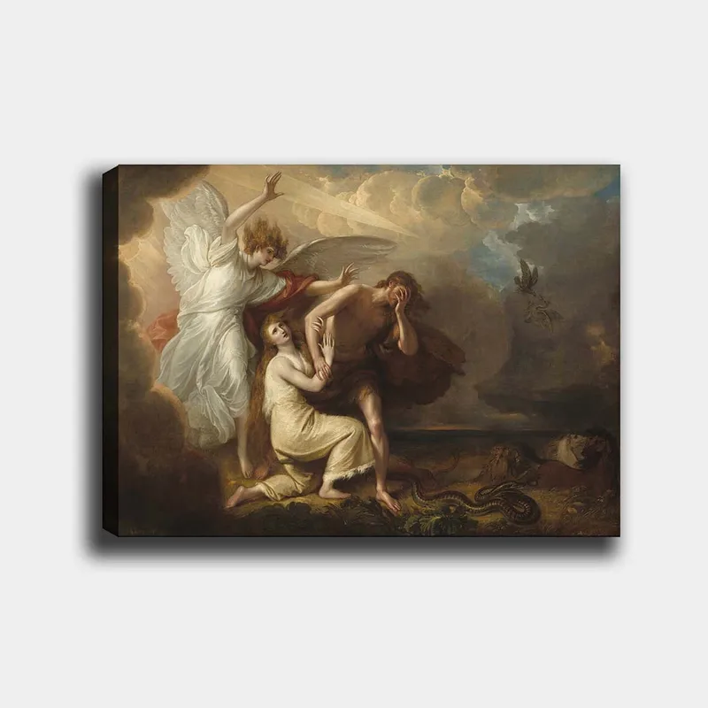 Lærred 70x100 cm - Dramatisk scene med en engel, der beskytter en mand og en kvinde mod en truende situation, Hvid / Beige / Rød