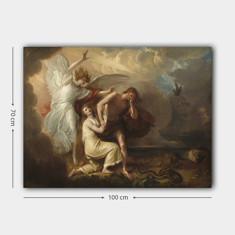 Lærred 70x100 cm - Dramatisk scene med en engel, der beskytter en mand og en kvinde mod en truende situation - Hvid / Beige / Rød - Boligtilbehør - Billeder & kunst - Billeder på lærred