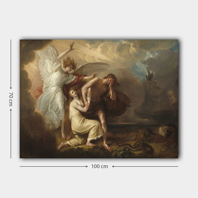 Lærred 70x100 cm - Dramatisk scene med en engel, der beskytter en mand og en kvinde mod en truende situation - Hvid / Beige / Rød - Boligtilbehør - Billeder & kunst - Billeder på lærred