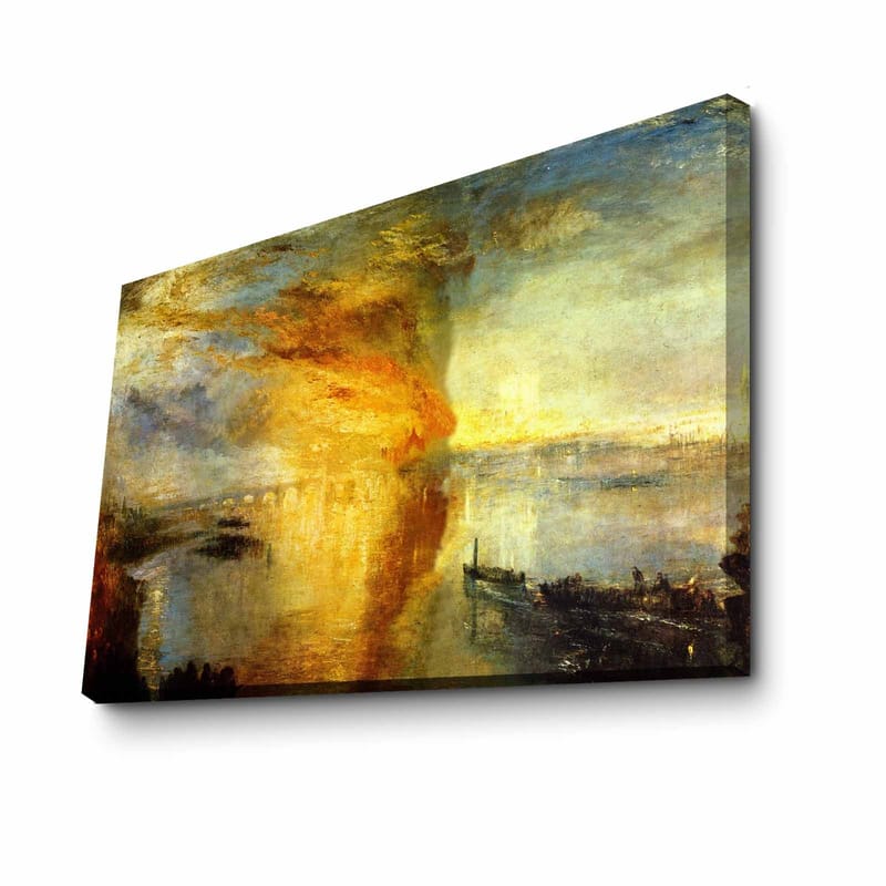 Lærred 70x100 cm - Dramatisk solnedgang over en rolig vandoverflade med skibe i horisonten - Guld / Orange / Blå - Boligtilbehør - Billeder & kunst - Billeder på lærred
