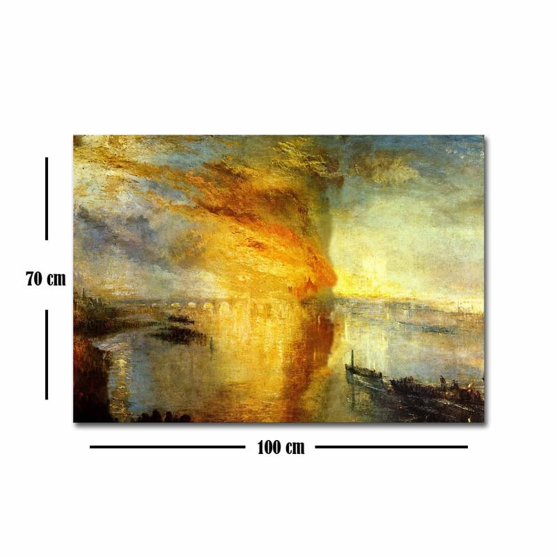 Lærred 70x100 cm - Dramatisk solnedgang over en rolig vandoverflade med skibe i horisonten - Guld / Orange / Blå - Boligtilbehør - Billeder & kunst - Billeder på lærred