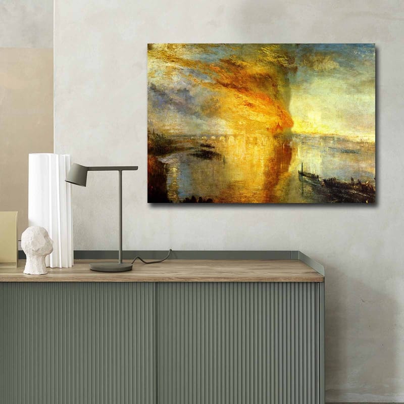 Lærred 70x100 cm - Dramatisk solnedgang over en rolig vandoverflade med skibe i horisonten - Guld / Orange / Blå - Boligtilbehør - Billeder & kunst - Billeder på lærred