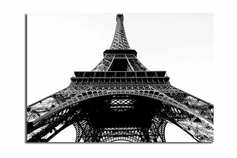 Lærred 70x100 cm - Dramatisk udsigt over Eiffeltårnet set fra bunden, Sort / Hvid