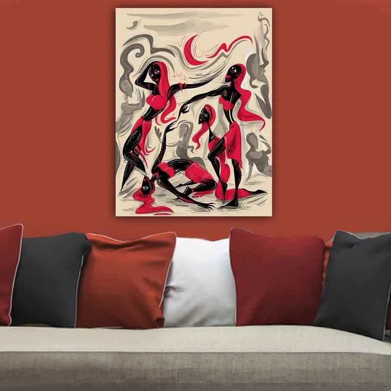 Lærred 70x100 cm - Dynamisk gruppe kvinder i bevægelse, der udtrykker følelser og samhørighed - Rød / Sort / Beige - Boligtilbehør - Billeder & kunst - Billeder på lærred