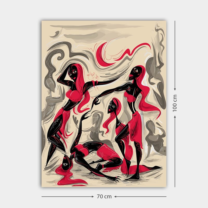 Lærred 70x100 cm - Dynamisk gruppe kvinder i bevægelse, der udtrykker følelser og samhørighed - Rød / Sort / Beige - Boligtilbehør - Billeder & kunst - Billeder på lærred