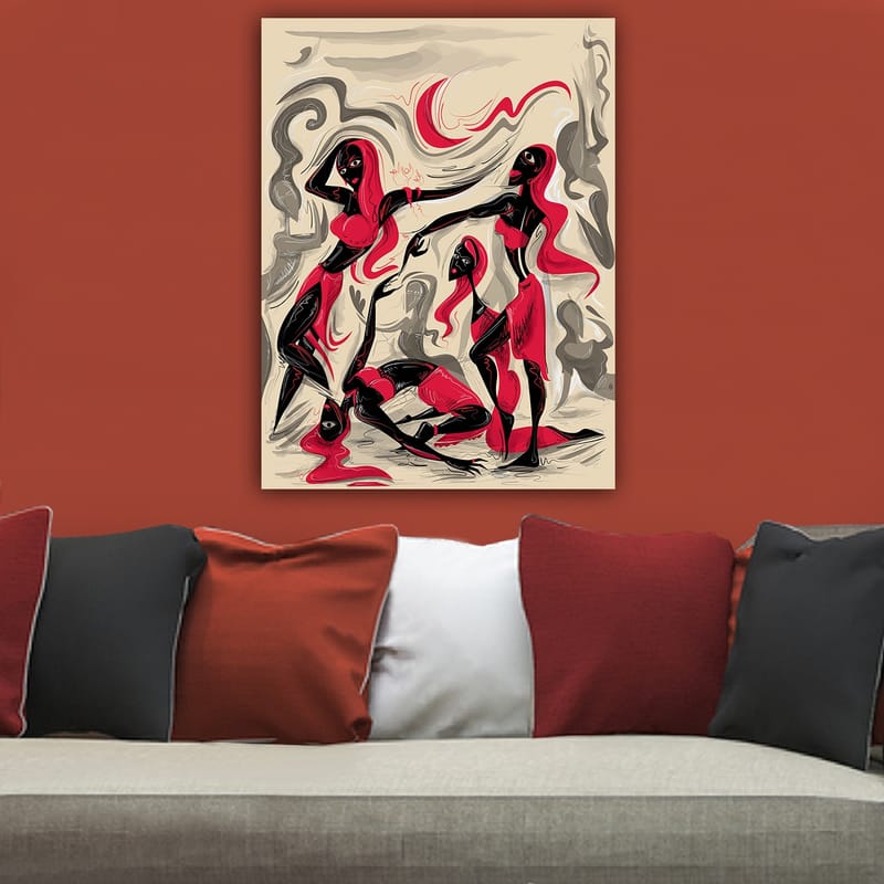 Lærred 70x100 cm - Dynamisk gruppe kvinder i bevægelse, der udtrykker følelser og samhørighed - Rød / Sort / Beige - Boligtilbehør - Billeder & kunst - Billeder på lærred