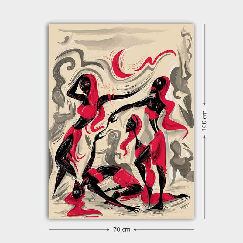 Lærred 70x100 cm - Dynamisk gruppe kvinder i bevægelse, der udtrykker følelser og samhørighed - Rød / Sort / Beige - Boligtilbehør - Billeder & kunst - Billeder på lærred