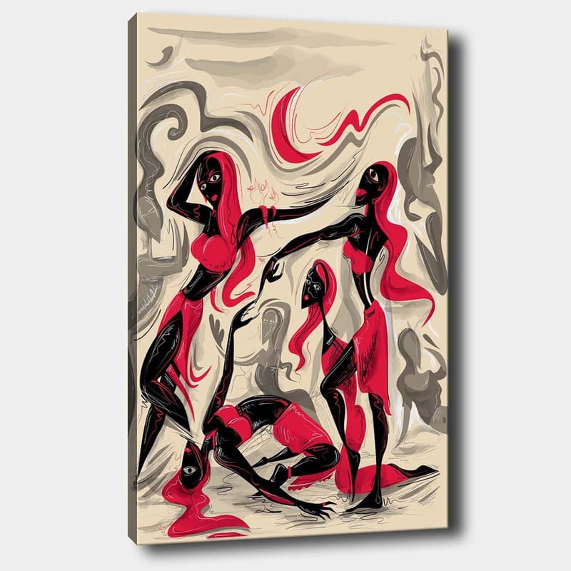 Lærred 70x100 cm - Dynamisk gruppe kvinder i bevægelse, der udtrykker følelser og samhørighed, Rød / Sort / Beige