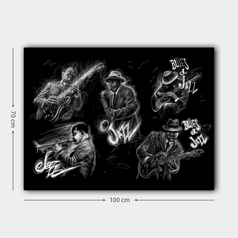 Lærred 70x100 cm - Dynamisk skildring af jazzmusikere, der spiller forskellige instrumenter i en energisk komposition - Sort / Hvid - Boligtilbehør - Billeder & kunst - Billeder på lærred