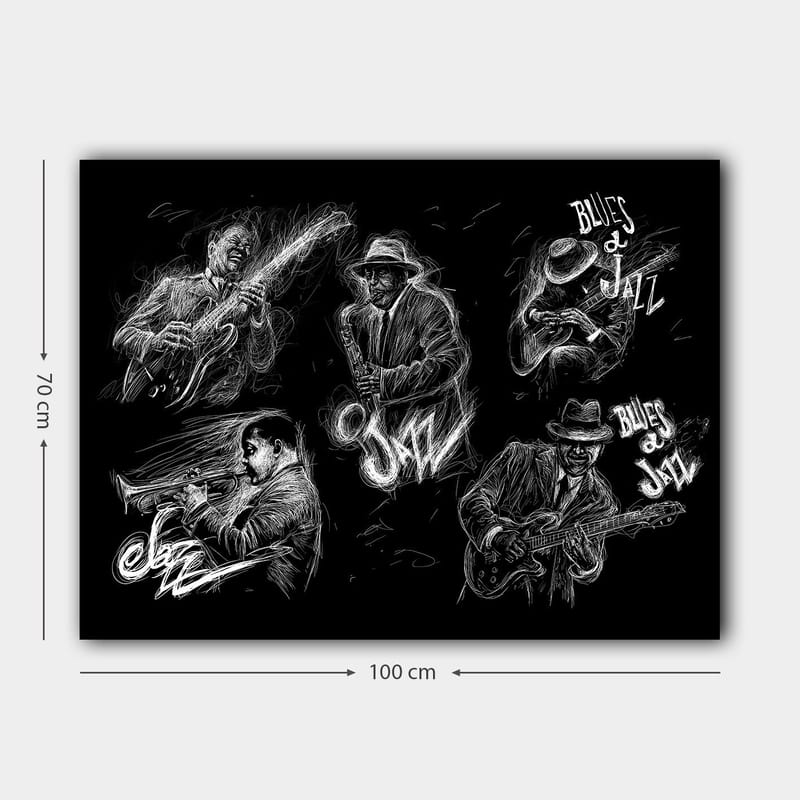 Lærred 70x100 cm - Dynamisk skildring af jazzmusikere, der spiller forskellige instrumenter i en energisk komposition - Sort / Hvid - Boligtilbehør - Billeder & kunst - Billeder på lærred
