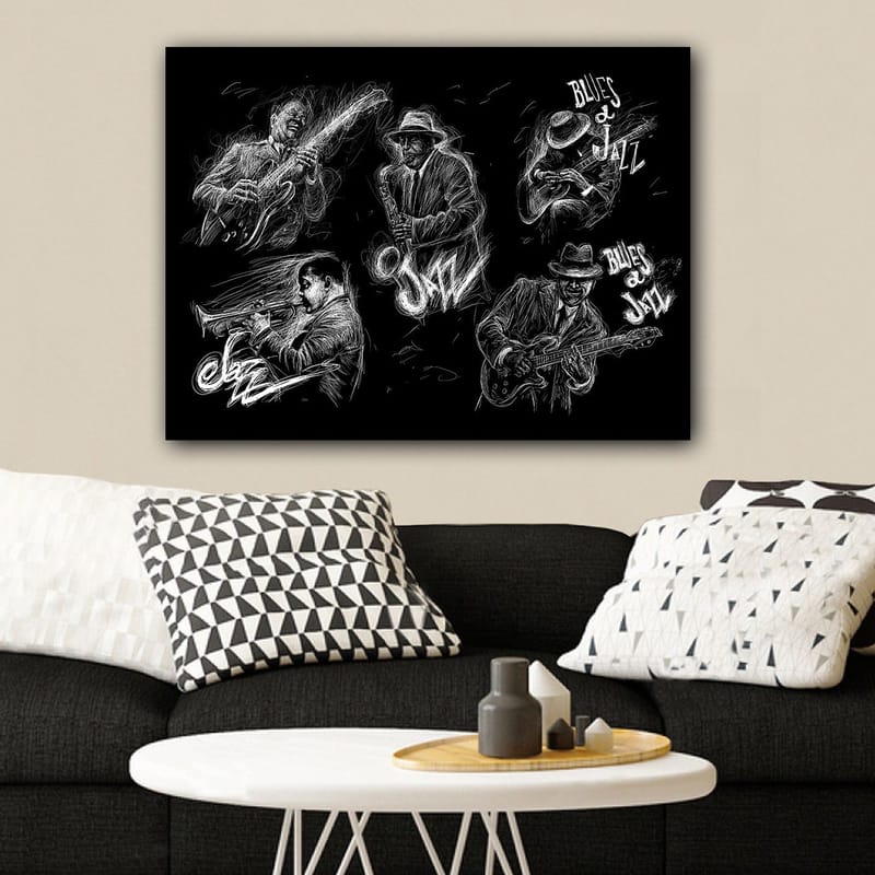 Lærred 70x100 cm - Dynamisk skildring af jazzmusikere, der spiller forskellige instrumenter i en energisk komposition - Sort / Hvid - Boligtilbehør - Billeder & kunst - Billeder på lærred
