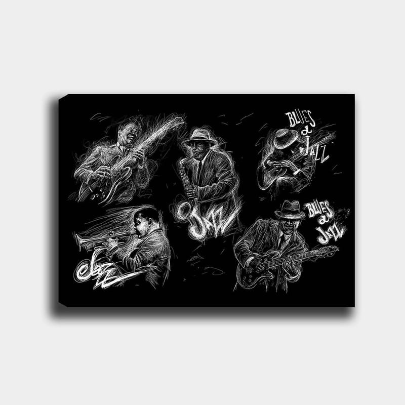 Lærred 70x100 cm - Dynamisk skildring af jazzmusikere, der spiller forskellige instrumenter i en energisk komposition, Sort / Hvid
