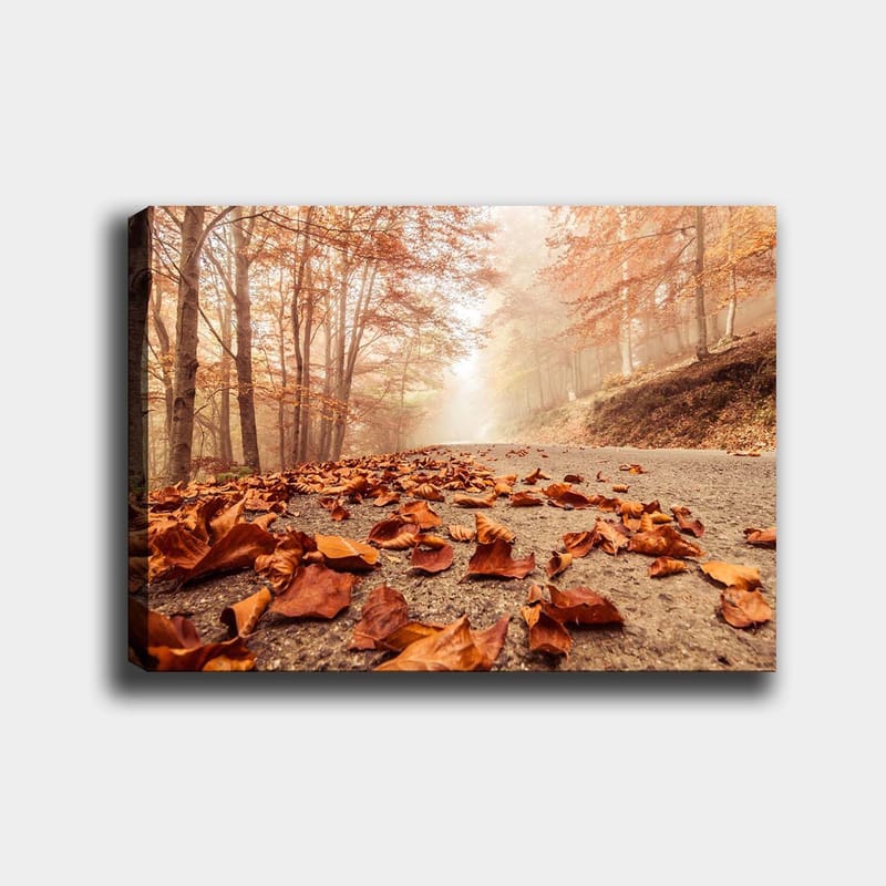 Lærred 70x100 cm - Efterårsvej omkranset af nedfaldne, brune blade under træer med gyldent og orange løv, Orange / Brun