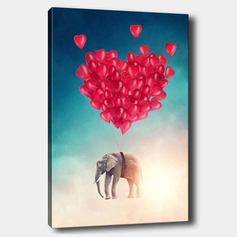 Lærred 70x100 cm - Elefant svæver opad med hjerteformede balloner, der symboliserer kærlighed og frihed, Rød / Grå / Blå