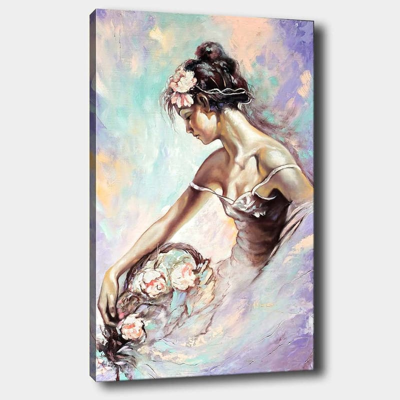 Lærred 70x100 cm - Elegant ballerina, der plukker blomster med et drømmende og blødt udtryk - Lys pink / Mintgrøn / Beige - Boligtilbehør - Billeder & kunst - Billeder på lærred