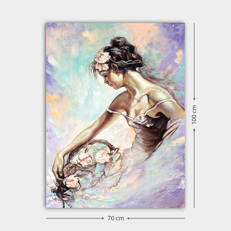 Lærred 70x100 cm - Elegant ballerina, der plukker blomster med et drømmende og blødt udtryk - Lys pink / Mintgrøn / Beige - Boligtilbehør - Billeder & kunst - Billeder på lærred