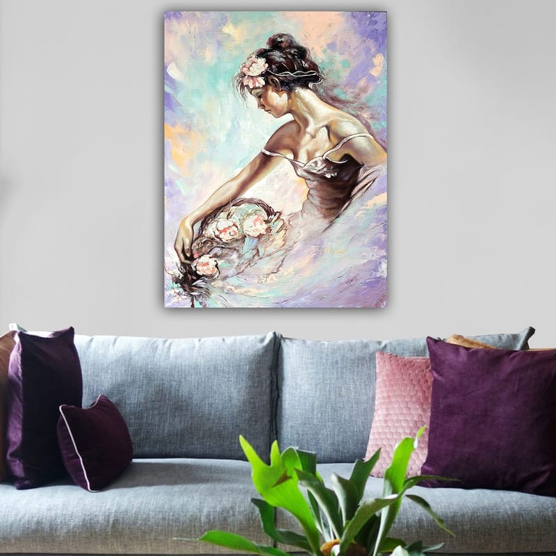 Lærred 70x100 cm - Elegant ballerina, der plukker blomster med et drømmende og blødt udtryk - Lys pink / Mintgrøn / Beige - Boligtilbehør - Billeder & kunst - Billeder på lærred