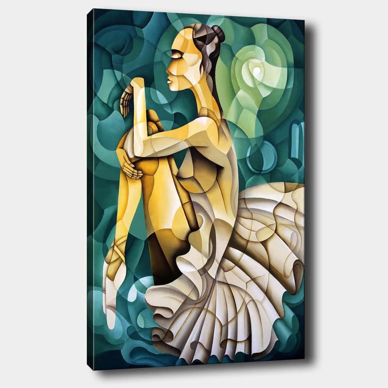 Lærred 70x100 cm - Elegant balletdanser i en stiliseret positur med fokus på bevægelse og form, Guld / Grøn / Hvid
