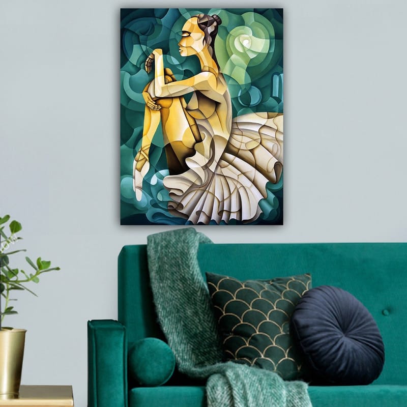 Lærred 70x100 cm - Elegant balletdanser i en stiliseret positur med fokus på bevægelse og form - Guld / Grøn / Hvid - Boligtilbehør - Billeder & kunst - Billeder på lærred