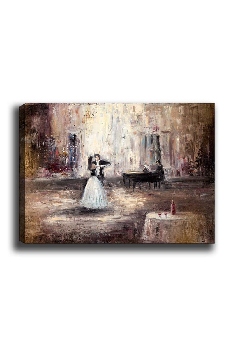 Lærred 70x100 cm - Elegant dansende kvinde i hvid kjole foran et klaver i romantiske omgivelser, Hvid / Brun / Grå