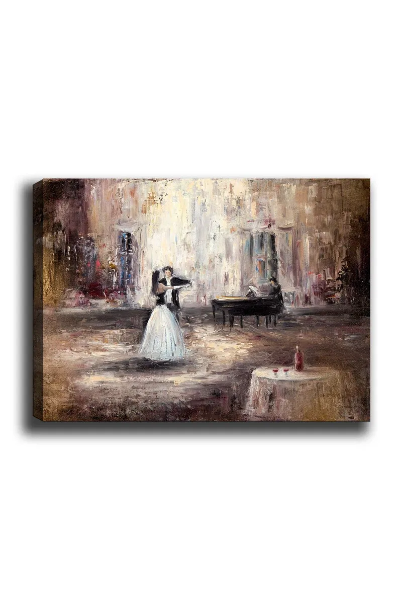 Lærred 70x100 cm - Elegant dansende kvinde i hvid kjole foran et klaver i romantiske omgivelser, Hvid / Brun / Grå